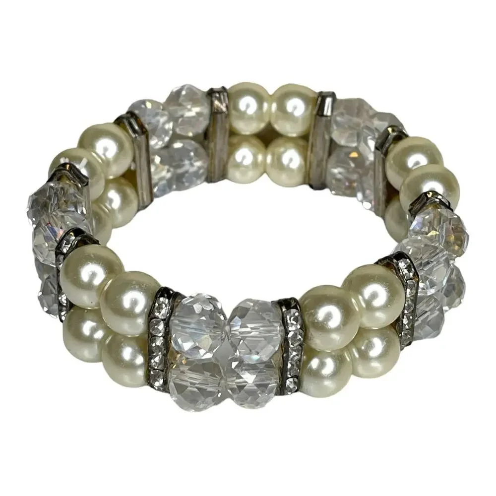 Silver Tone Faux Pearl, Rhinestone and Crystal Bead Bracelets Fashion Jewelry